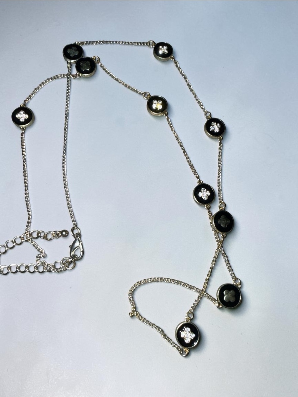 Long Vintage Silvertone Black Enamel Clover Necklace 34” Rhinestone Station
